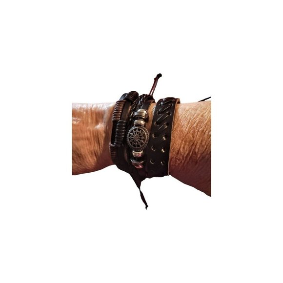 Men's 3 Piece Handmade Leather Bracelet Adj Wear 1-2 or 3 Teen Gothic Punk Gift - Picture 2 of 6